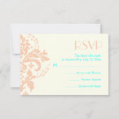 ダマスクピーチ、アクア、アイボリー結婚式RSVP返信カード 出欠カード (正面)