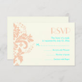 ダマスクピーチ、アクア、アイボリー結婚式RSVP返信カード 出欠カード (正面/裏面)