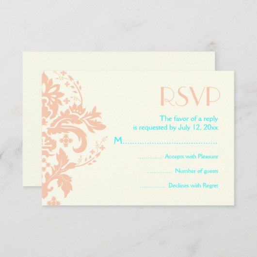 ダマスクピーチ、アクア、アイボリー結婚式RSVP返信カード 出欠カード (正面/裏面)