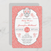 ダマスクファンシースカルベビーシャワー招待状インコーラル 招待状 (正面/裏面)