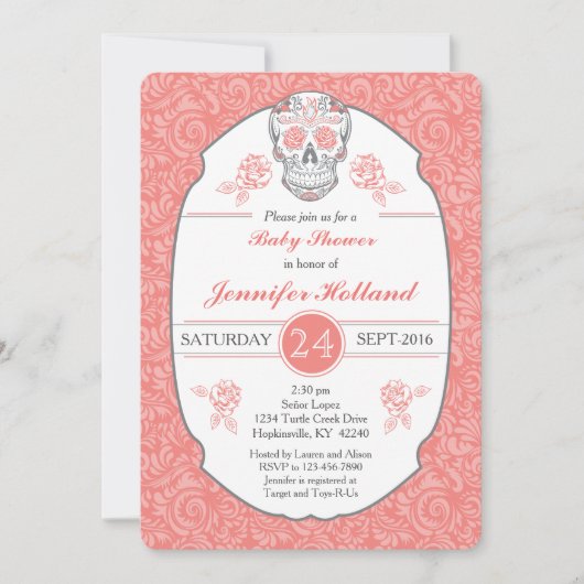 ダマスクファンシースカルベビーシャワー招待状インコーラル 招待状 (正面)