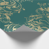 ダマスクフェイク金ゴールド王室の金属ティール（緑がかった色）コテージ ラッピングペーパー (角)