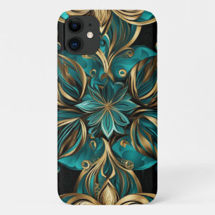 ダマスクフラワー金ゴールドエメラルドブラック iPhone 11 ケース