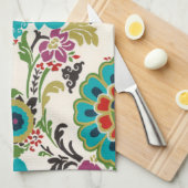 ダマスクフローラルパターンプラムターコイズ キッチンタオル (四つ折り)