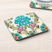 ダマスクフローラルパターンプラムターコイズ コースター (左側)