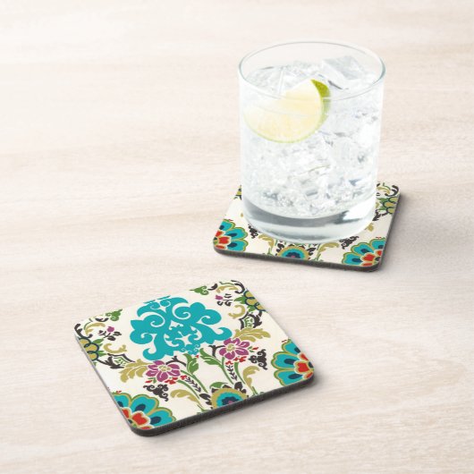 ダマスクフローラルパターンプラムターコイズ コースター (右側)