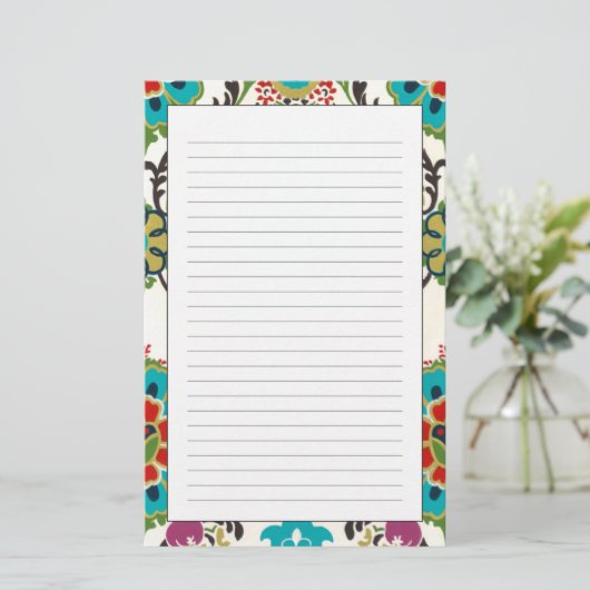 ダマスクフローラルパターンプラムターコイズ 便箋 (スタンド正面)