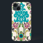 ダマスクフローラルパターンプラムターコイズ iPhone 13ケース<br><div class="desc">ターコイズ、梅、緑、紫の花のパターンは、白い背景に出会い、この6月エリカ・ヴェスのダマスクプリントを生きるために。自分自身、友人、または家族のためのギフトとして働く。</div>
