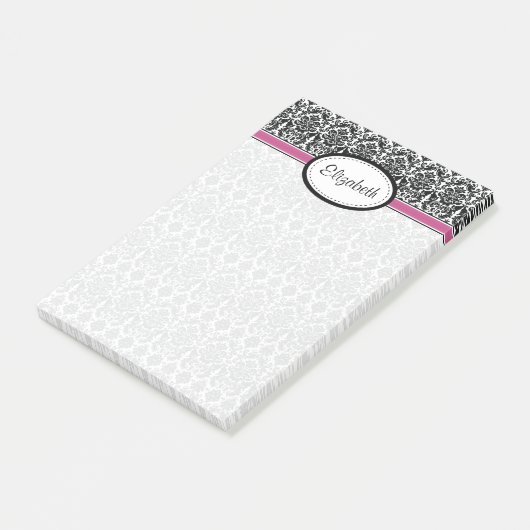 ダマスクフローラ白黒ピンクパーソナライズされたの名前 ポストイット (アングル)