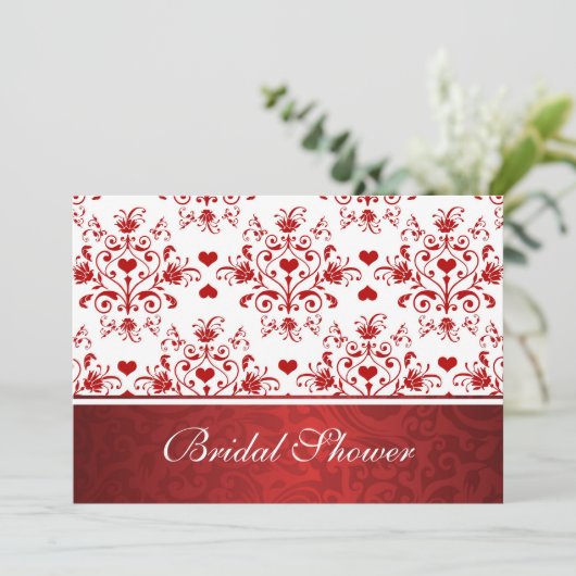 ダマスクフローラ赤いハートブライダルシャワー招待 招待状 (スタンド正面)