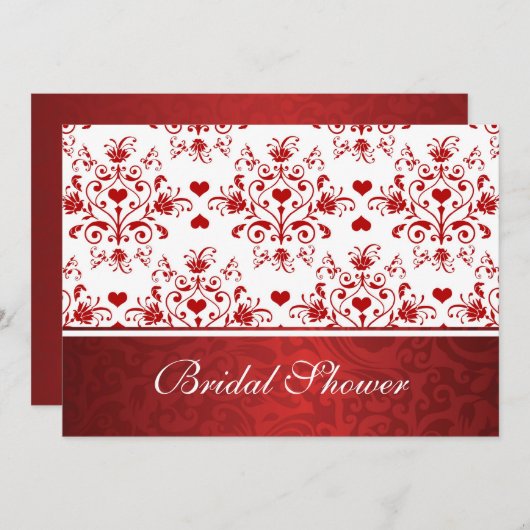 ダマスクフローラ赤いハートブライダルシャワー招待 招待状 (正面/裏面)