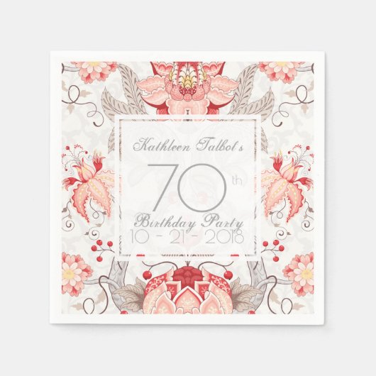 ダマスクフローラ70th誕生日パーティーペーパーナプキン スタンダードカクテルナプキン (正面)