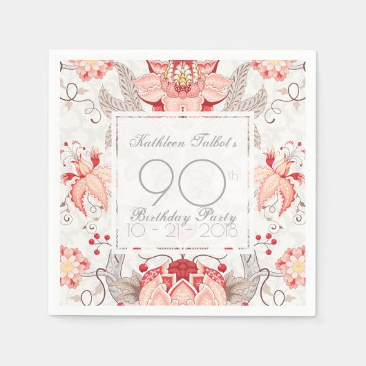 ダマスクフローラ90th誕生日パーティーペーパーナプキン スタンダードカクテルナプキン (正面)