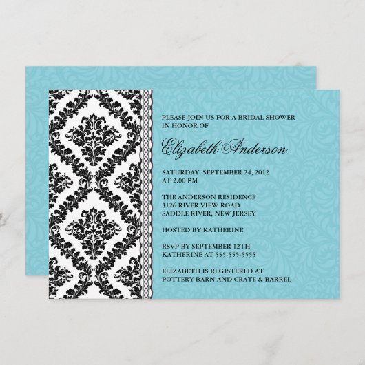 ダマスクブライダルシャワーインビテーションブラック&ターコイズ 招待状 (正面/裏面)