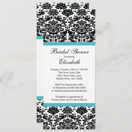 ダマスクブライダルシャワー招待ターコイズブルー 招待状 (正面/裏面)