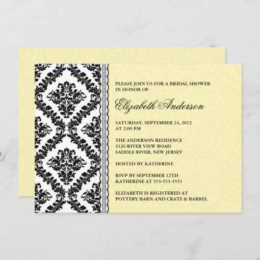 ダマスクブライダルシャワー招待状ブラック&イエロー 招待状 (正面/裏面)