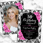 ダマスクブラックシルバーピンク写真50誕生日 招待状<br><div class="desc">エレガントフローラ50歳の誕生日の招待状とカードの後ろの写真。グラム白黒ピンクデザインとフェイクグリッター銀。黒と白のダマスクパターン、ピンクのバラ、スクリプトのフォントと紙吹雪を備えている。大人スタイリッシュのお祝いパーティーに最適。独自の詳細でパーソナライズどんなカスタマイズ年でもいい！印刷されたZazzle招待状または即時ダウンロードのデジタル印刷可能なテンプレート。</div>