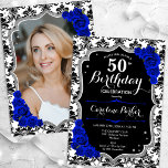 ダマスクブラックシルバーブルー王室のフォト50誕生日 招待状<br><div class="desc">エレガントフローラ50歳の誕生日の招待状とカードの後ろの写真。グラム白黒王室のブルーデザインとフェイクグリッター銀。黒と白のダマスクパターン、サファイアブルーバラ、スクリプトフォントと紙吹雪を備えている。大人スタイリッシュのお祝いパーティーに最適。独自の詳細でパーソナライズどんなカスタマイズ年でもいい！印刷されたZazzle招待状または即時ダウンロードのデジタル印刷可能なテンプレート。</div>