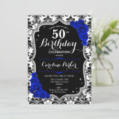 ダマスクブラックシルバーブルー王室のフォト50誕生日 招待状 (スタンド正面)