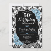 ダマスクブラックシルバーブルー王室のフォト50誕生日 招待状 (正面)