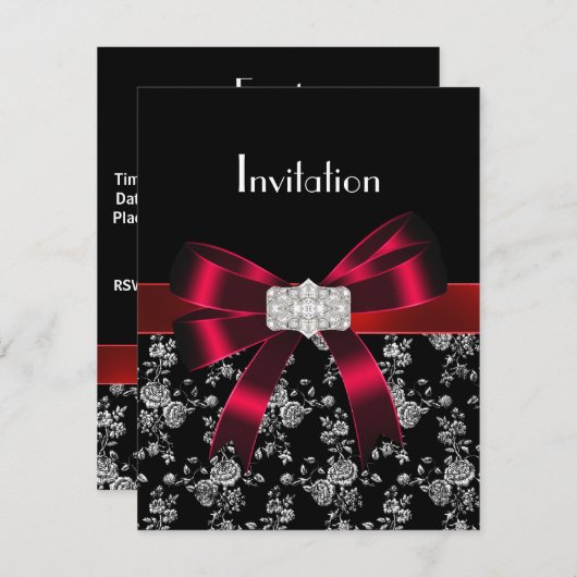 ダマスクブラックレッドホワイトジュエルボウ招待状 招待状 (正面/裏面)