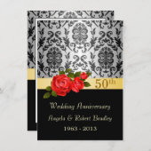 ダマスクブラック赤いバラ50周年結婚を迎える 招待状 (正面/裏面)