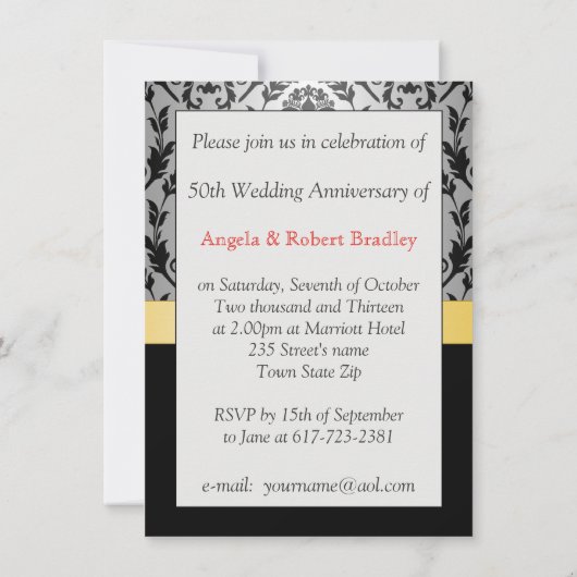 ダマスクブラック赤いバラ50周年結婚を迎える 招待状 (裏面)