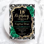 ダマスクブラック金ゴールドグリーンバラ18誕生日 招待状<br><div class="desc">第18回バースデーパーティーへの招待。フローラエレガントエメラルドグリーンデザインとフェイクグリッター金ゴールドとバラ。白黒のダマスクのパターンとスクリプトフォント。日中の女子スタイリッシュお祝いに最適。どんなカスタマイズ年でもいい！印刷されたZazzle招待状または即時ダウンロードのデジタル印刷可能なテンプレート。</div>