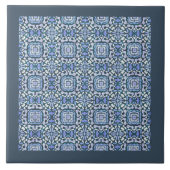 ダマスクブルーと白の複雑な装飾模様 タイル (正面)