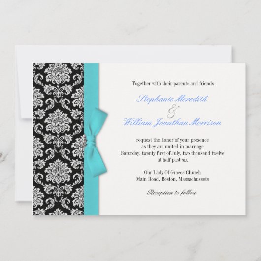 ダマスクブルーボウ結婚式招待状 招待状 (正面)