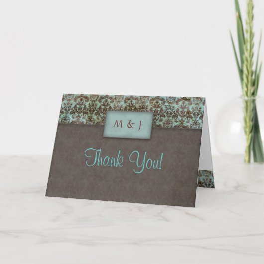 ダマスクブルー ブラウン ありがとう グリーティングカード サンキューカード (正面)