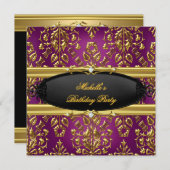 ダマスクプラム誕生日パーティー金ゴールドブラックダイヤモンド 招待状 (正面/裏面)