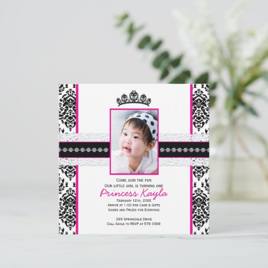 ダマスクプリンセスフォト誕生日招待状5X7 招待状 (スタンド正面)