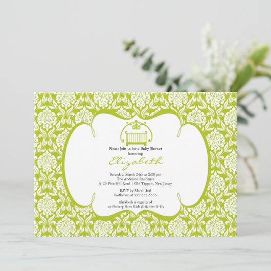 ダマスクベイビーシャワー招待状グリーンクリブガールボーイ 招待状 (スタンド正面)