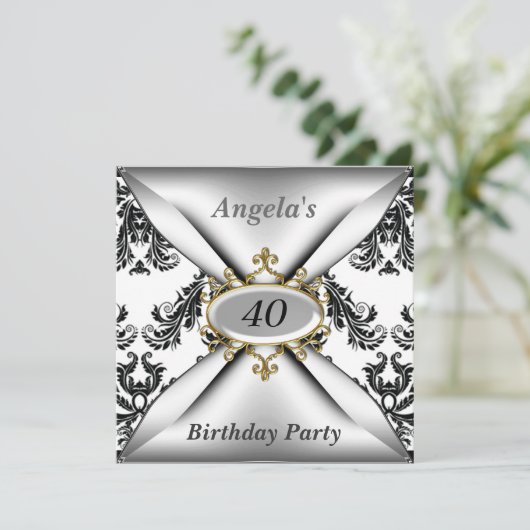 ダマスクホワイトバースデーパーティー白黒招待状 招待状 (スタンド正面)