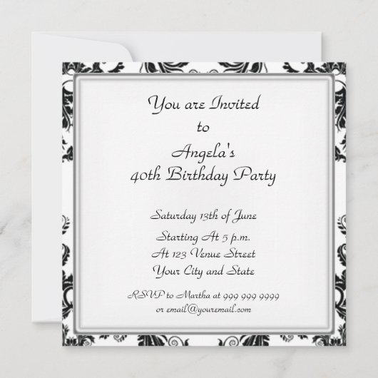 ダマスクホワイトバースデーパーティー白黒招待状 招待状 (裏面)