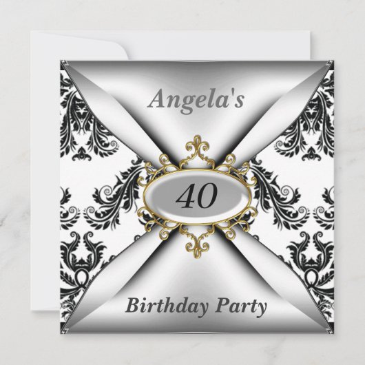 ダマスクホワイトバースデーパーティー白黒招待状 招待状 (正面)