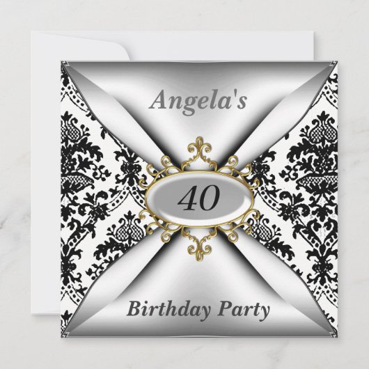 ダマスクホワイト誕生日パーティー招待状 招待状 (正面)