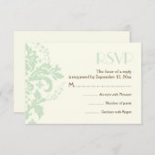 ダマスクミントグリーン、アイボリー結婚式RSVP返信カード 出欠カード (正面/裏面)