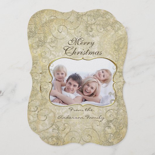 ダマスクメリークリスマス金ゴールドフレームあなたの写真 シーズンカード (正面/裏面)