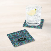 ダマスクモダンアールデコブラックターコイズブルー名 スクエアペーパーコースター (インサイチュ)