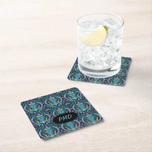 ダマスクモダンアールデコブラックターコイズブルー名 スクエアペーパーコースター (インサイチュ)