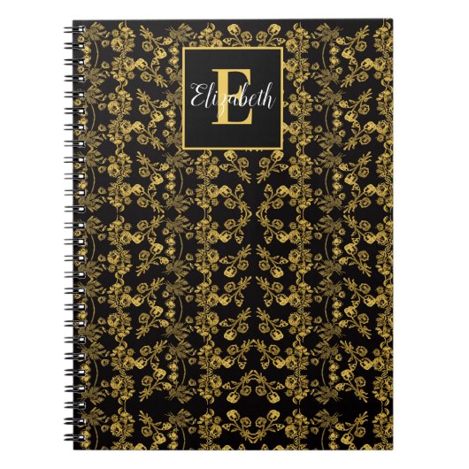 ダマスクモノグラムのは黄金の花を渦巻く ノートブック (正面)