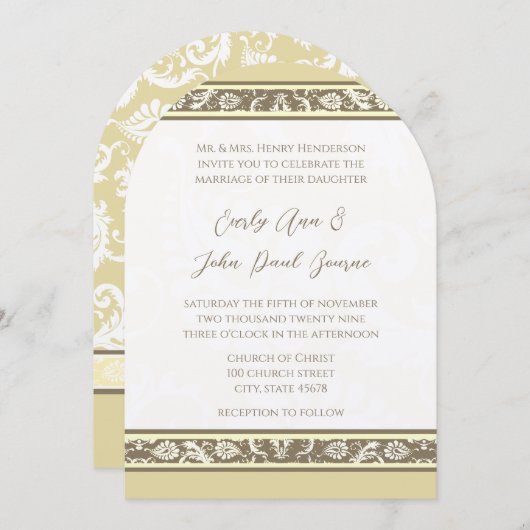 ダマスクモノグラムイエローグレー結婚式招待状 招待状 (正面/裏面)