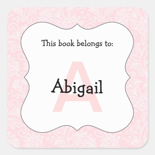 ダマスクモノグラム本プレートステッカーピンク スクエアシール (正面)