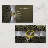 ダマスクモノグラム白いリボン黒グレー 名刺 (正面/裏面)