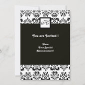 ダマスクモノグラム、白黒、ブルーターカーゼ 招待状 (裏面)