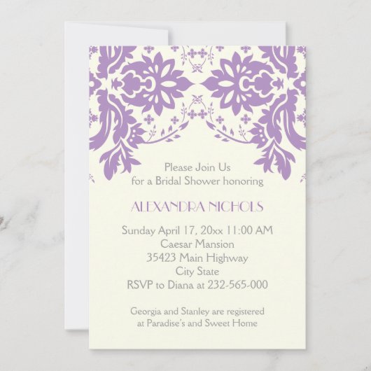 ダマスクラベンダー、グレー、アイボリー結婚のブライダルシャワー 招待状 (正面)