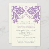 ダマスクラベンダー、グレー、アイボリー結婚のブライダルシャワー 招待状 (正面/裏面)