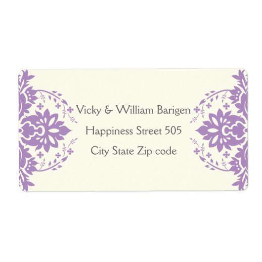 ダマスクラベンダー、グレー、アイボリー結婚ズ ラベル (正面)